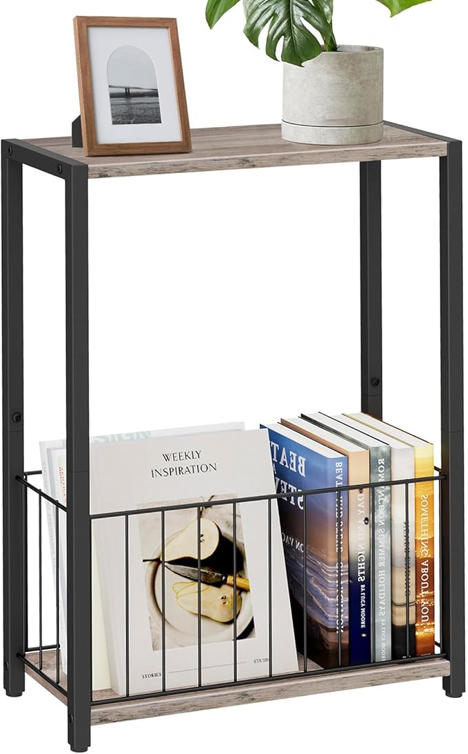 Homleke Narrow Side Table with Magazine Holder, Skinny End Table | Space-Saving Design, Small Spaces, Storage Shelf, Metal Frame, Easy Assembly, 7.1" D x 16.9" W x 23.6" H, Greige
