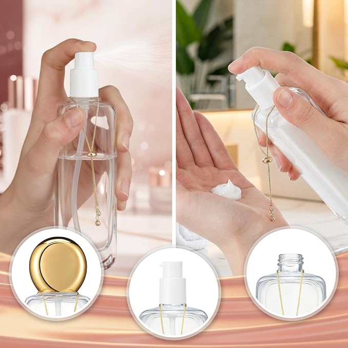4 Pcs 4oz Luxury Glass Bottles with Pump Glass Toner Bottle with Gold Chain Perfume Spray Bottle Travel Lotion Vial with 2 Plastic Pump Head 2 Spray Head for Cosmetic Toner(Clear)