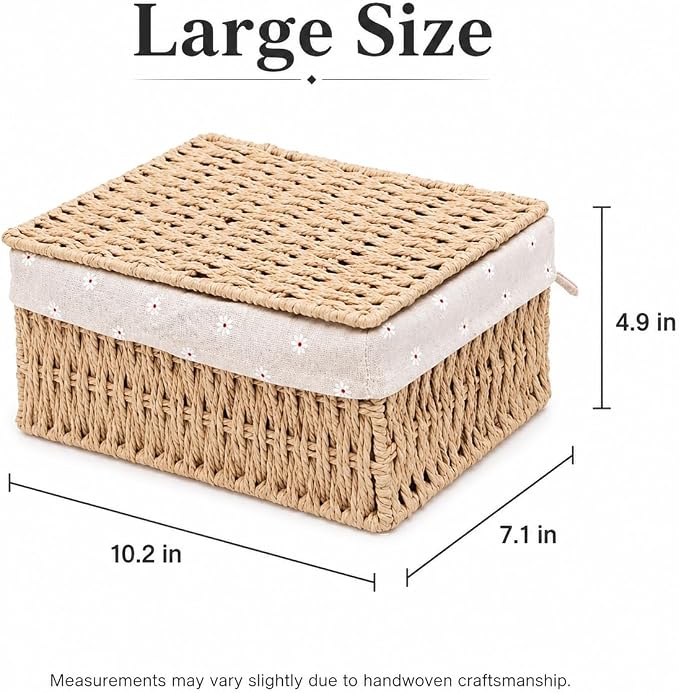 1PC Woven Storage Basket with Lid for Closet Shelf-Khaki Large | Bathroom, Closet & Shelf Storage Basket, Sewing & Towel Basket, Blanket & Toy Storage, Woven Basket with Liner