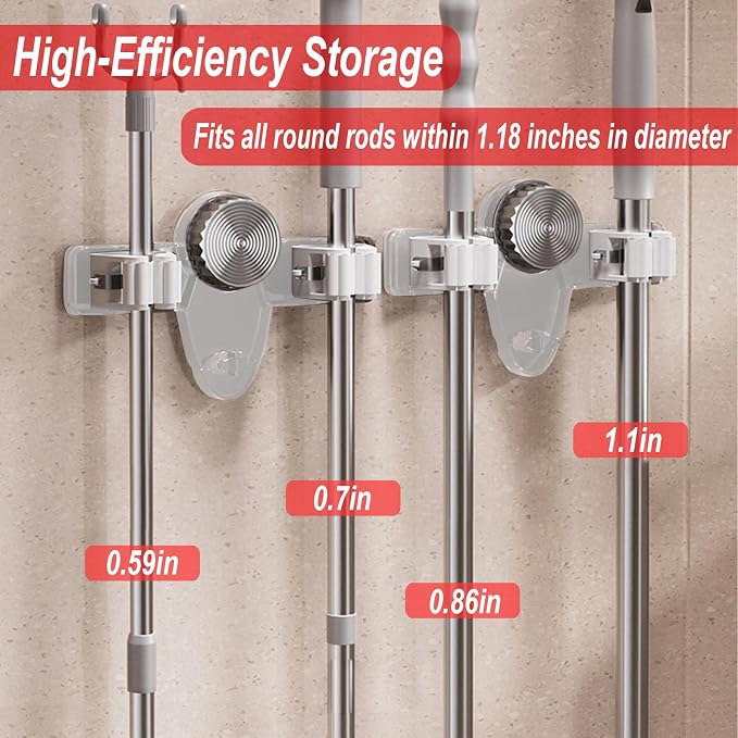 4 Pack Broom Holder Mop Hanger, No Drill Suction Cup Adjustable Organizer with Hooks Broom Hanger Organizer for Bathroom Kitchen Office Utility Room Laundry Home Garden Garage Storage Organizatin Rack