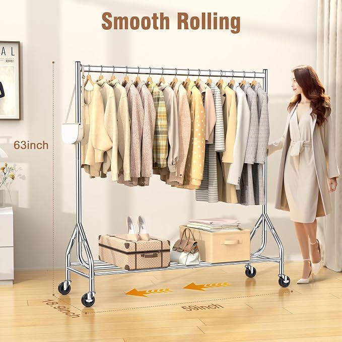 EAGMAK Heavy Duty Clothes Rack Load 420 LBS, Rolling Garment Rack with Lockable Wheels, Standing Metal Clothing Rack, Portable Wardrobe Sturdy Coat Rack for Hanging Clothes (Silver, 59″×18.9″×63″)