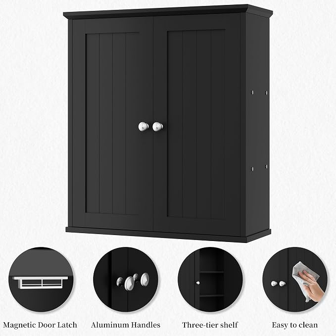 Shintenchi Bathroom Wall Medicine Cabinet with 2 Door, Bathroom Storage Organizer Over The Toilet,Space Saving Storage with 3-Tier Shelves,Black
