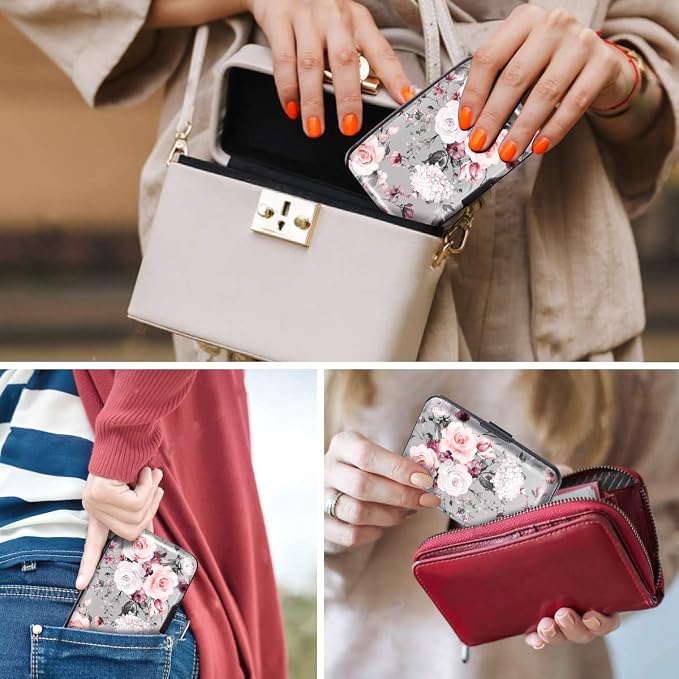 Coco Rossi Credit Card Holder RFID Aluminum Small Mini Wallet Women | Metal Wallet, Business Cards Holder, ID Case, Slim Sleeves, Womens Girls Gift, Carry Proof Wallets for Travel, Grey Flower