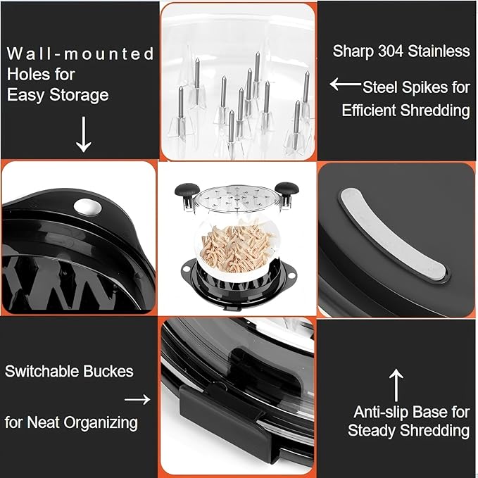 Chicken Shredder Tool Twist Meat Shredder Large for Chicken Breasts Beef Pulled Pork with 304 Stainless Steel Claws for Meal Prep Kitchen Essentials Gadgets Wall Mounted Dishwasher-Safe (Black&Black)