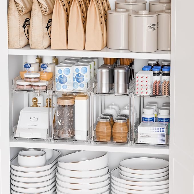 Yieach 4 Set Bathroom Organizers and Storage,2 Tier Clear Under Sink Organizer and Medicine Cabinet Organizer for Kitchen,Pantry Storage,Pull Out Drawers for Skincare,Pill Bottle,Spice Organization