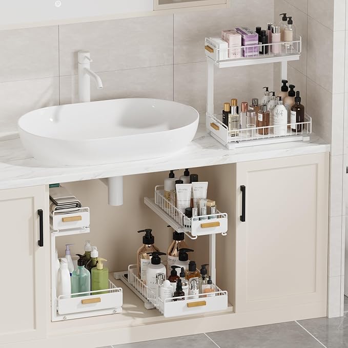 Under Sink Organizer Kitchen - Upgraded Professional Rails, 2 Tier Dual Pull Out Cabinet Storage, Height Adjustable Under Sink Storage, Metal Sliding Drawer for Kitchen & Bathroom, White, 2 Pack