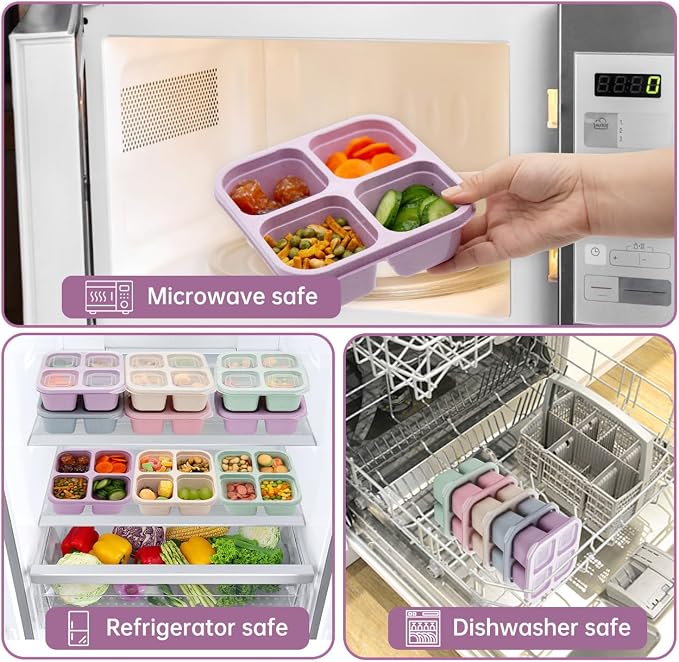 5 Pack 4 Compartment Divided Snack Bento Box, Meal Prep Containers FOR Kids/Toddle/Adults