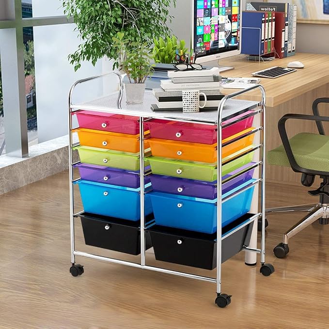Moccha 12-Drawer Rolling Storage Cart - Under Desk Storage Drawers with wheels for Craft Art Supply Paper Salon, Scrapbook Paper Tools, Mobile Utility Cart for Classroom, Colorful
