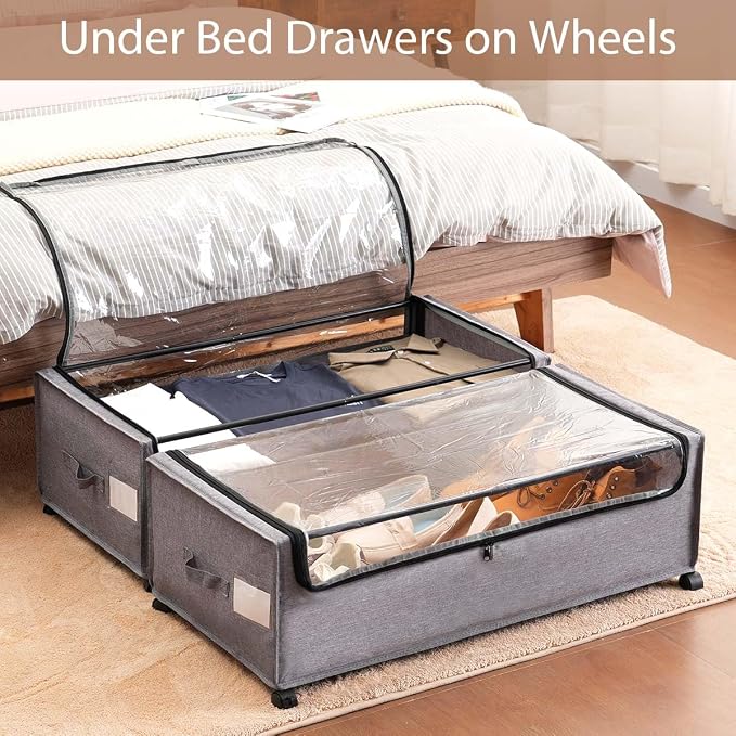 FOUCSSOMEI 4-Packs Under Bed Storage with Wheels, Under The Bed Storage Drawers On Wheels, Rolling Underbed Drawers, Lockable, Heavy Duty