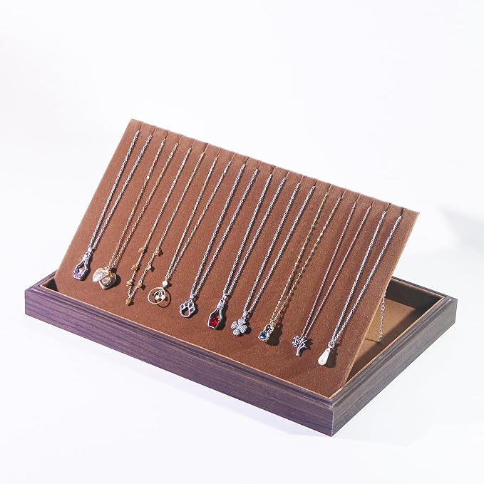 Wood Jewelry Organizer Tray, Necklace Holder (Brown, 2Pc, 20-Slot) | Stackable Jewelry Display, Necklace Display, Tangle-Free Necklace Stand, Pendant Organizer