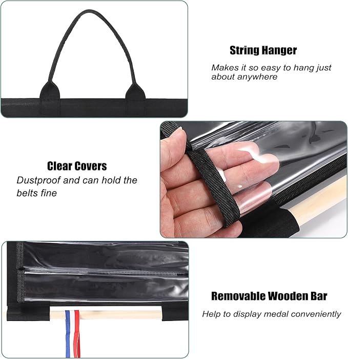JUXYES Wall Hanging Martial Arts Belts Organizer for 12 Belts, Portable Karate Belt Display Holder with Medals Hanging Stick, Lightweight Taekwondo Belt Organizer for Martial Arts Learners