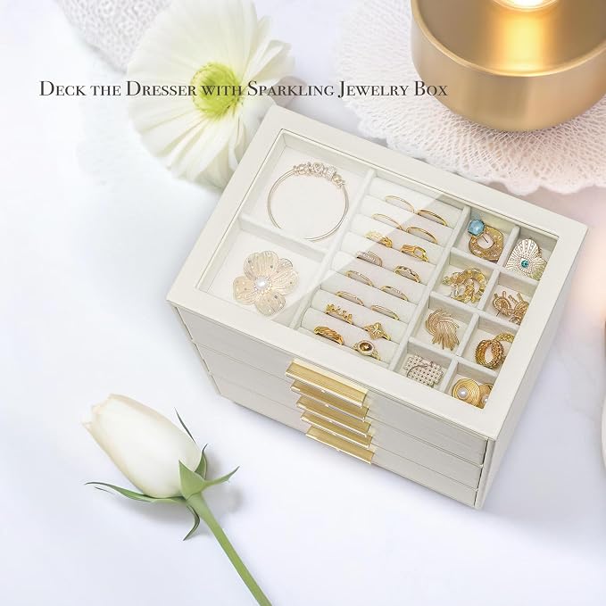 VLANDO 5-Drawer Jewelry Box with Glass Lid, Faux Leather Organizer for Rings Earrings Necklaces and More, Gift-Ready Jewelry Case for Women Girls or Moms, Beige