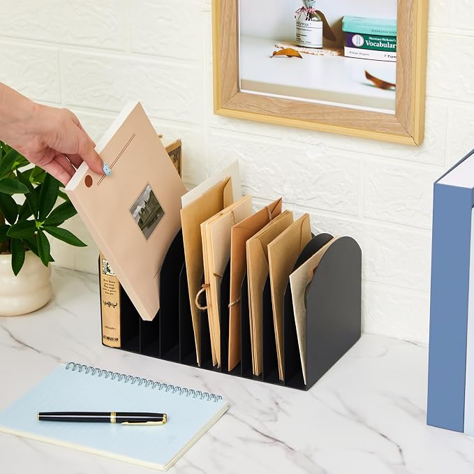 Suzile Metal Desktop File Organizer, 10 Compartments, Vertical File Sorter, Black, 5.79" W x 10.63" L x 5.91" H, Office, Reception Areas, Workspace