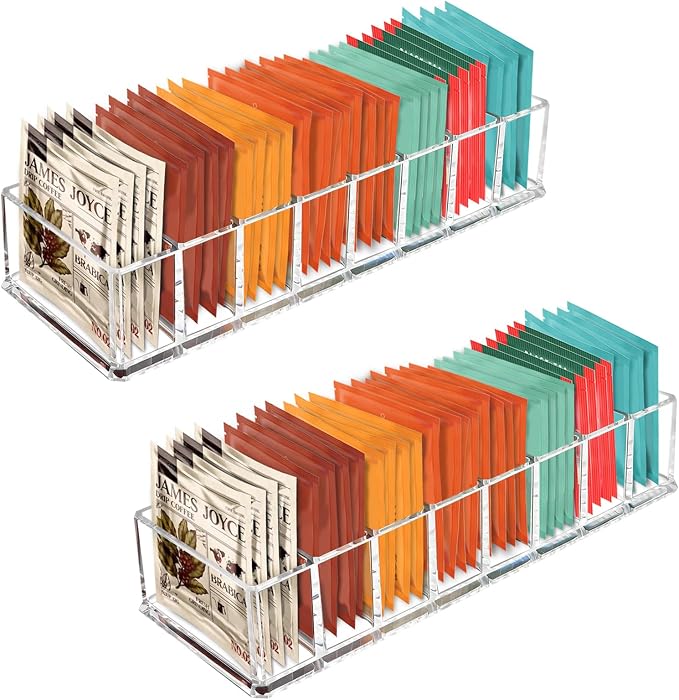 Tasybox Tea Bag Organizer, Tea Holder, Tea Organizers and Storage, 2 Pack | Acrylic Tea Organizer, Clear Tea Bag Holder, 8 Slot Tea Bag Storage Container for Drawer, Pantry, Kitchen, Cabinet Countertop