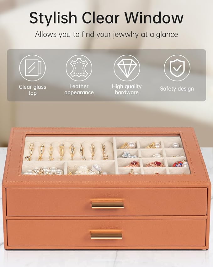 AKOZLIN Jewelry Box with Clear Lid Functional Leather Jewelry Storage Organizer Case 2 Drawers for Women Girls Necklace Ring Bracelet Earring
