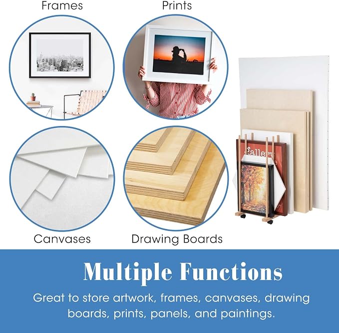 Large Art Drying Rack with Four Caster Wheels, Wooden Canvas Storage Stand | Can Well Hold Up to 60" Drawing Boards, Prints, Panels, Paintings, and Artworks Display