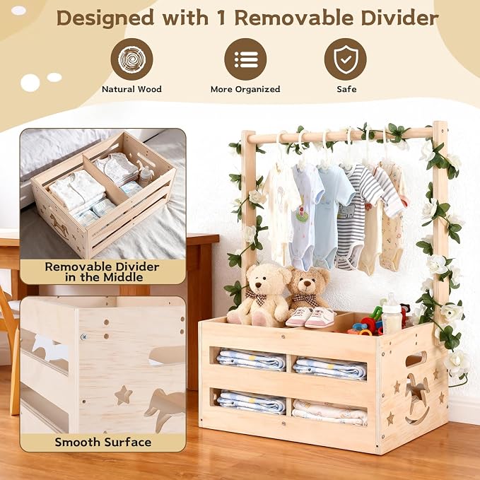Baby Shower Crate Closet - Wooden Gift Basket with Hangers and Removable Divider, Personalized New Mom Gifts to Welcome Newborn Boys Girls (Natural Wood)