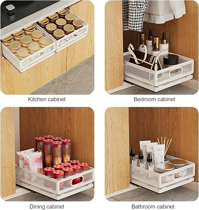 Pull Out Cabinet Organizer, Slide Out Drawers Fixed with Adhesive Nano Film, Pantry Shelves Sliding Drawer Storage Organization for Kitchen (Double Layer 19.7 * 13.8 * 16.5inch/50 * 35 * 42cm)