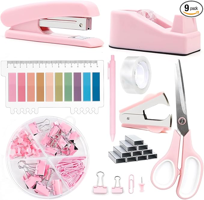 suniya Office Supplies,Desk Accessories,Tape Holder,Stapler,Scissor,Staple Remover,Box of Binder Clips,Staples,Ballpoint Pen,Lndex Tabs,Clear Tape,Office Supplies Set(Pink)