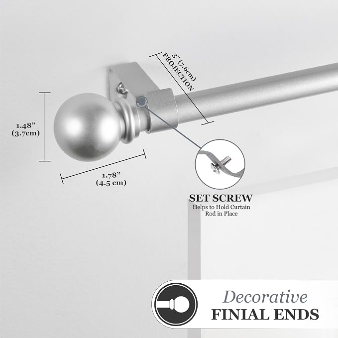 Kenney Chelsea Ball End Window Curtain Rod, Adjustable Curtain Rod for Windows 28 to 48 Inches, Extendable Curtain Rod Set, Brushed Nickel Silver Curtain Rod, Curtain Rods 2 Pack