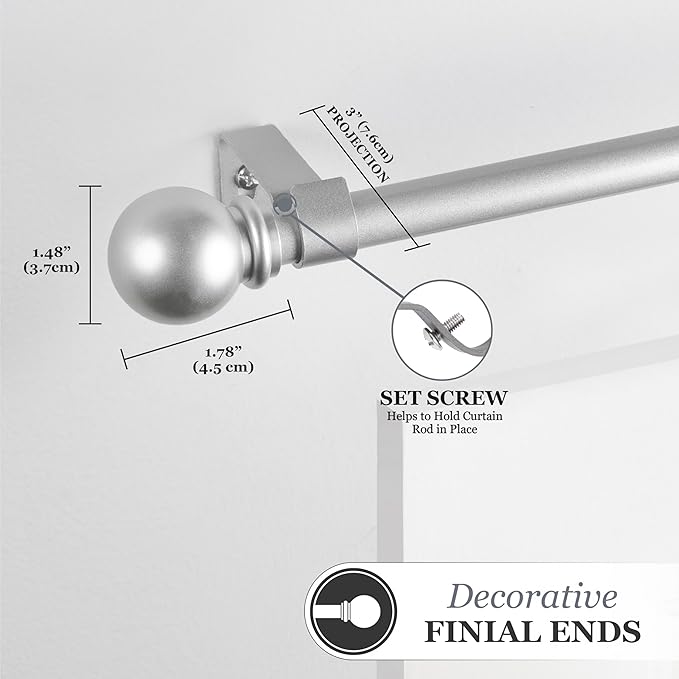 Kenney Chelsea Ball End Window Curtain Rod, Adjustable 28-48 Inch, Brushed Nickel Silver, 4 Pack