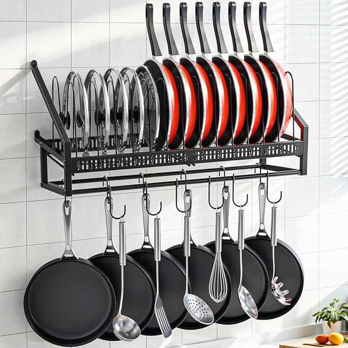 Housolution Wall Mounted Pan Holder Rack Lid Organizer Cookware Hanger | 24.8" Length, 14 Adjustable Dividers, Sturdy Metal Construction, Easy Assembly