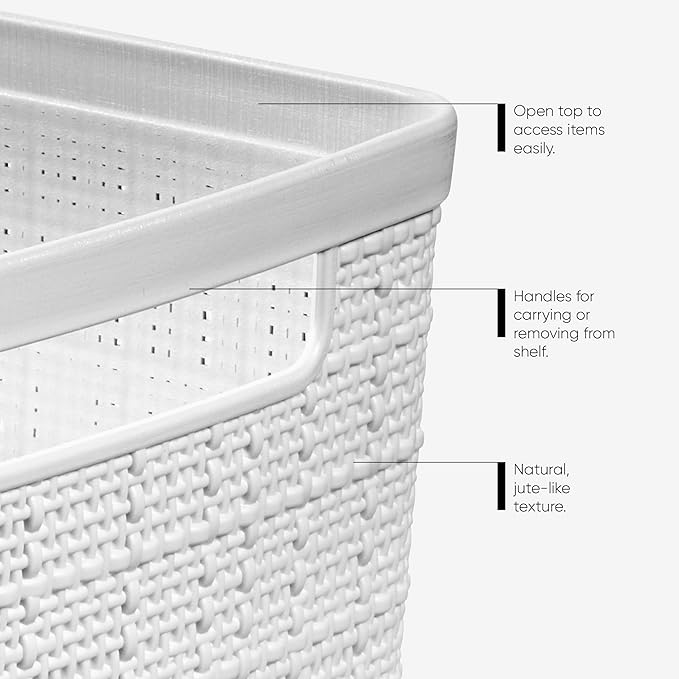 Curver Set of 6 Medium 12L Jute Decorative Plastic Organization and Storage Baskets - Perfect Bins for Home Office, Closet Shelves, Kitchen Pantry and All Bedroom Essentials, White