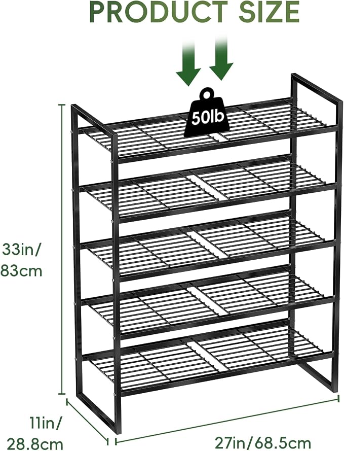 5 Tier Shoe Rack for Closet, 27 Inch Long Square Shoe Storage Organizer for Shelves, Heavy Duty Metal, Easy Assembly Stackable, Black