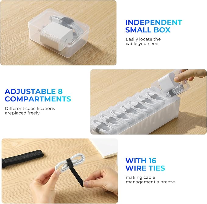 Large Cable Organizer Box with 8 Clear Switch Case, 1 Pack Clear Phone Charger Cable Organizer Box for Home Office Desk Accessories Wire Organization Stationery Supplies (white)