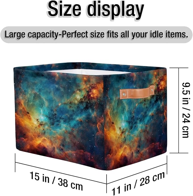 Cube Storage Bins for Shelves, Blue Orange Nebula Print Collapsible Fabric Toys Storage Basket Box with Handles for Home Office Bedroom Closet