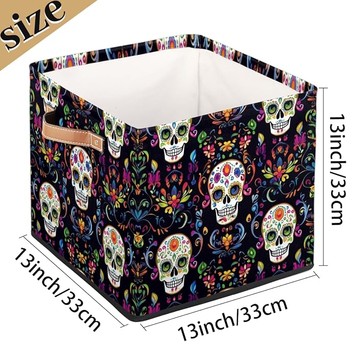 TropicalLife Flower Skull Storage Cube, 13 Inch Fabric Cube Storage Organizer Bin for Shelves Clothes, Decorative Foldable Storage Boxes