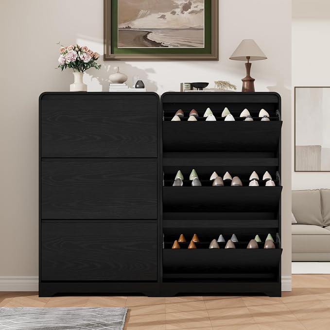 Garvee Hidden Shoe Cabinet, Black | 3 Flip Drawers, Freestanding, For Entryway, Hallway, Foyer, Modern Design, Small Space