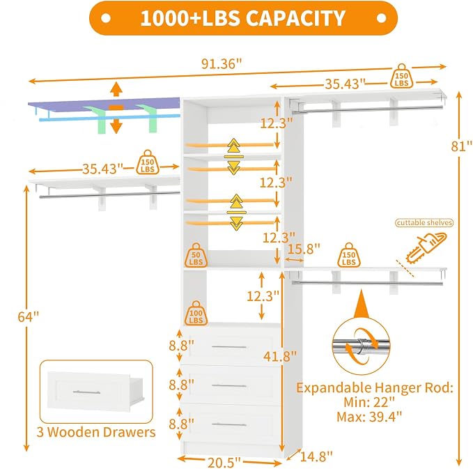 Closet System with 3 Drawers, 5FT-8FT Closet Organizer System Walk in Wooden Closet Storage System with Shelves Expandable Hanging Rods Built-in Closet Corner Wall Mount, White