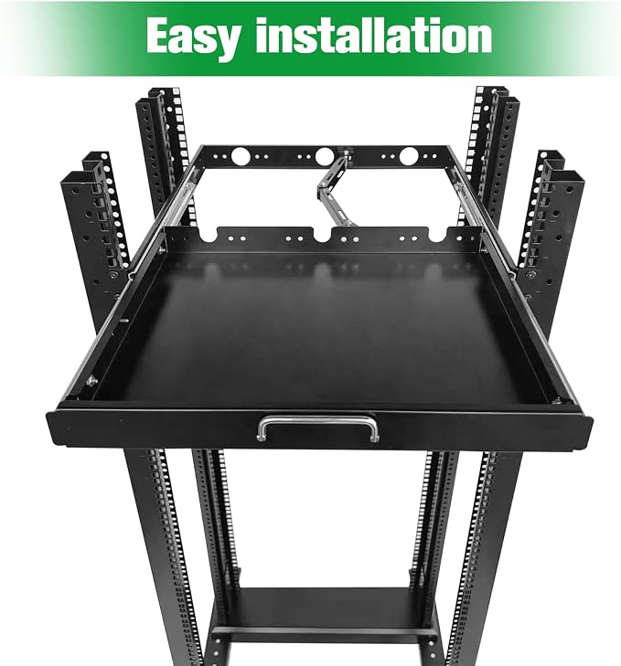 GlobalRack 1U Keyboard Drawer, 18 Depth, Extends to 27.5", Soft-Close | keyboard mount | 1U rack drawer | Soft-close damping | Foldable handle | Built-in cable management | Heavy-gauge stee