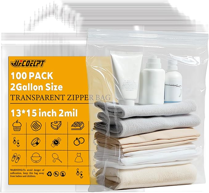 100 Count 2 Gallon Zip Storage Bags 13"×15", Reclosable Food Grade 2mil Plastic Zipper Bags for Storage, Packing and Shipping