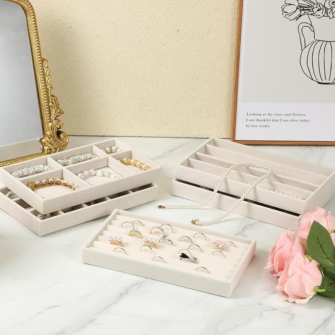 9 Set Velvet Jewelry Drawer Organizer Inserts, Stackable Jewelry Organizer Trays with Removable Dividers, Jewelrys Storage Display Tray, for Earring Ring Necklace Watch Bracelet, Beige