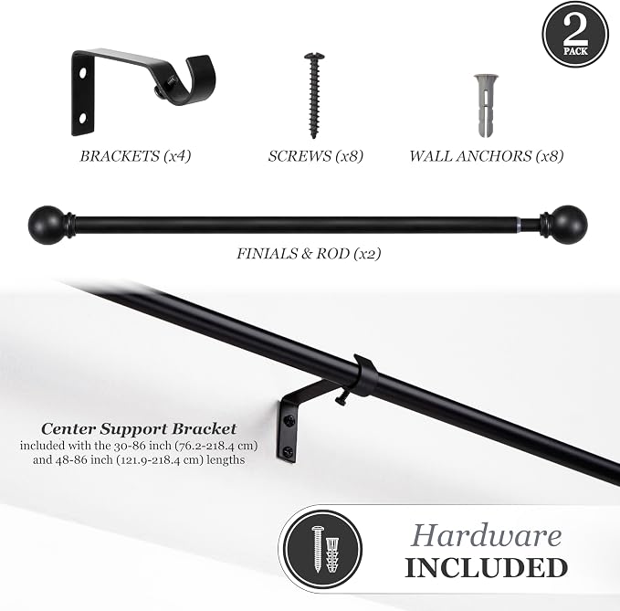 Kenney Chelsea Ball End Window Curtain Rod, Adjustable 48-86 Inch, Black, Carbon Steel, Wall Mounted, Painted Black, 2 Pack