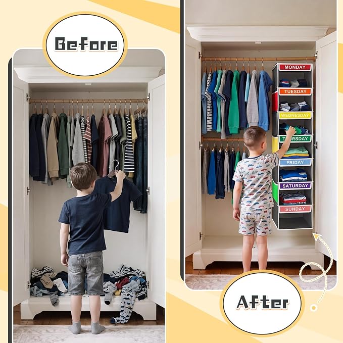 Amylove 2 Pcs 7 Shelf Weekly Clothes Organizer for Kids Hanging Closet Organizer 11. 8 x 11. 8 x 50 Inch Daily Activity Kids Clothes Storage Drawers Cube Drawers Closet Hanging Shelves (Grey)