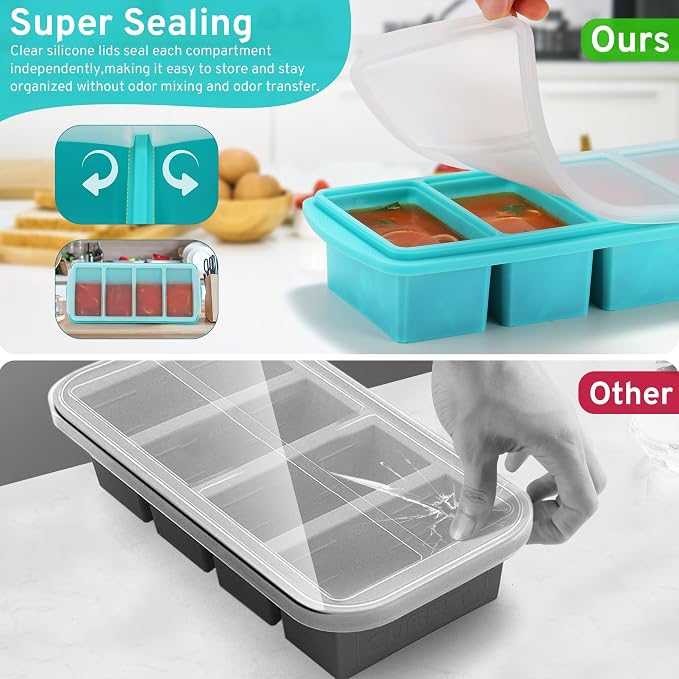 Silicone Freezer Tray with Lid, 1-Cup, 2-Pack, Aqua | BPA-free, leakproof lid, easy-release, stackable, dishwasher-safe. Great for soups, sauces, leftovers, meal prep, baby food.