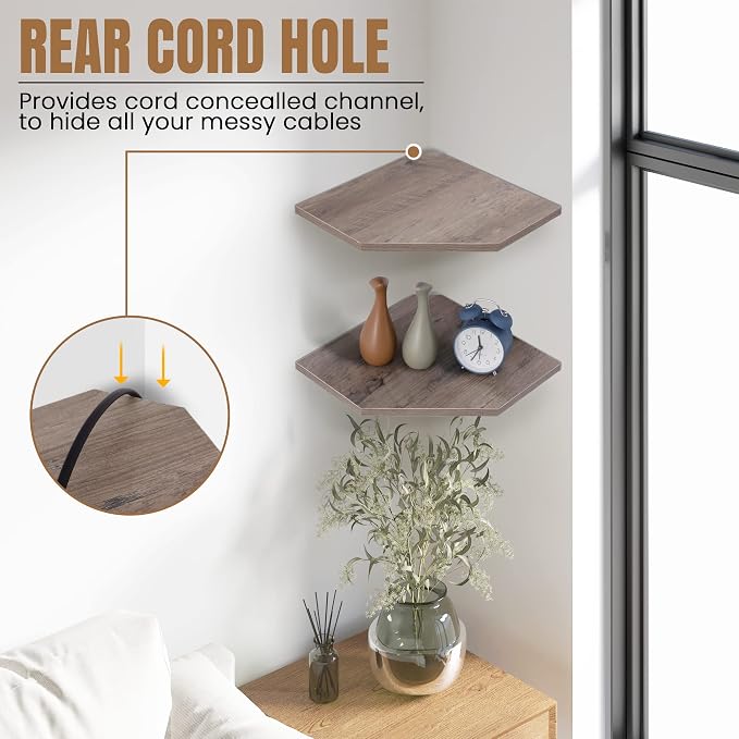 Fun Memories Corner Shelf Wall Mount, Corner Floating Shelves, Set of 4 Corner Wall Shelf Organizer, Rustic Wood Wall Storage Display Shelves for Living Room Bedroom Bathroom Kitchen, Rustic Grey