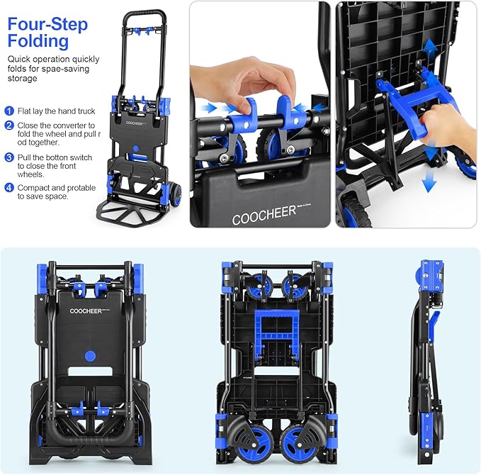 330LB Folding Hand Truck Heavy Duty Carrying, Combination of Four Wheels and Two Wheels Convertible Dolly Cart with Retractable Handle Dolly for Moving Office Carts(Blue)