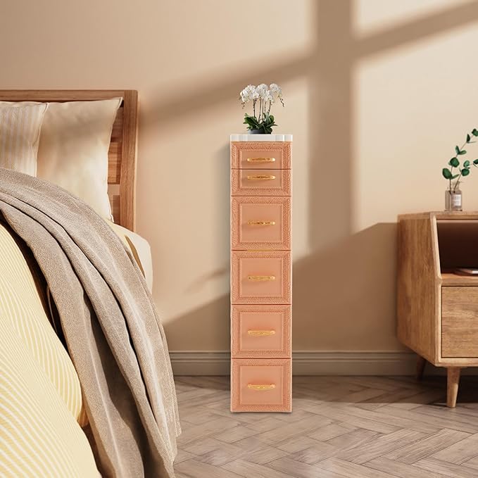 5-Tier Plastic Drawers Storage Dresser, 33"H Narrow Slim Storage Organizer Vertical Drawer Unit, Rolling Thin Storage Tower with Wheels for Small Spaces Gaps Home Furniture (Orange)