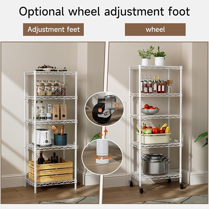 Golpart Small Shelves Storage Wire Metal Adjustable Shelf Unit with Wheels | 5 tier Shelving Organizers Storage Shelving for Bathroom Laundry Room Kitchen Pantry 11.7”D x 17.7”W x 57.2”H White