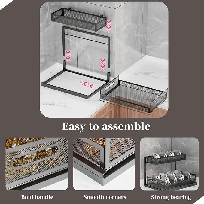Under the Sink Organizer 2-Tier Pull Out Cabinet Organizer for Kitchen Bathroom, L-Shaped Undersink Shelves No Drill with Slide Out Drawer Space-Saving Storage Easy to Install Black 1 Pack