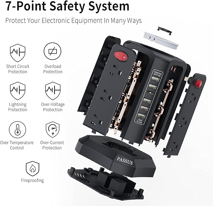 Surge Protector Power Strip Tower with 5 USB Ports and Night Light, 10FT Extension Cord with 12 AC Multiple Outlets, PASSUS Power Tower, Overload Protection for Home Office Dorm Room (2PC-Black)