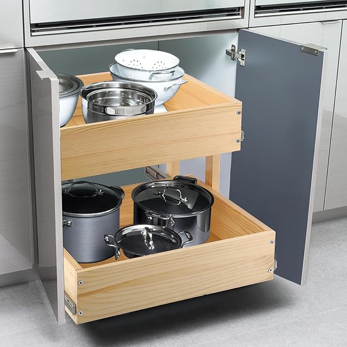 Mulush Pull Out Cabinet Organizer, 17''W×21''D×16''H Soft Close Slide Out Wood Drawer Shelves Storage for Kitchen, 2-Tier, Finished, Heavy-Duty, Bottom Assembly