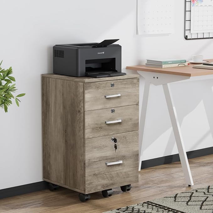 VINGLI 3-Drawer File Cabinet with Lock, Wood Rolling Under Desk File Cabinets for Home Office, Mobile Printer Stand & Filing Organizer for Letter Sized Files, 26" H(Caster Included), Rustic Gray