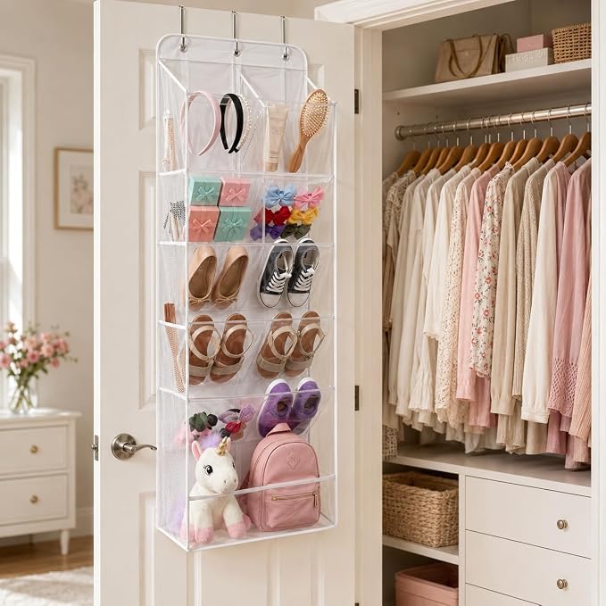 HOMELUX THEORY Hanging Shoe Organizer for Closet, 6 Tier Over the Door Shoe Organizer 120D Extra Thick with Deep Pockets, Shoe Rack for Closet & Entryway, with 4 Side Storage Pockets (Transparent)