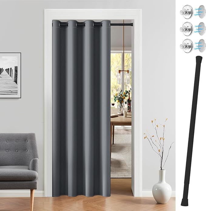 Vatge Magnetic Closet Curtain with Rod - W42 x L80, 1 Panel, Gray, Room Darkening Privacy Doorway Curtains for Open Bedroom, Temporary Door for Hallway