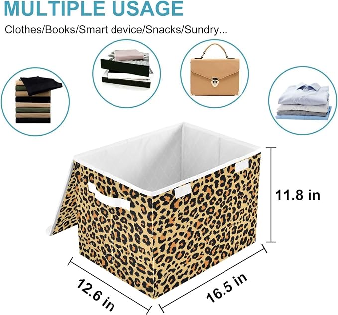 CaTaKu Large Fabric Storage Bins With Lids, Brown Leopard Print Storage Boxes With Handles for Organizing Clothes, Collapsible Storage Cube Bins Baskets for Shelves